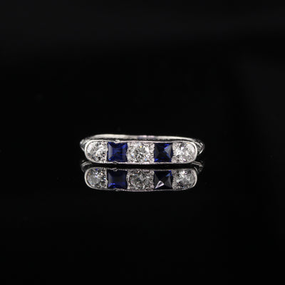 Antique Art Deco Platinum French Cut Diamond and Sapphire Wedding Band - Size 4.75