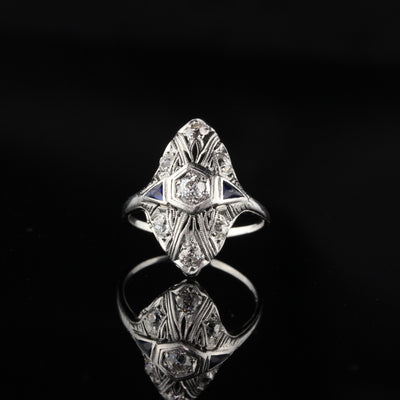 Antique Art Deco Platinum Diamond and Sapphire Shield Ring