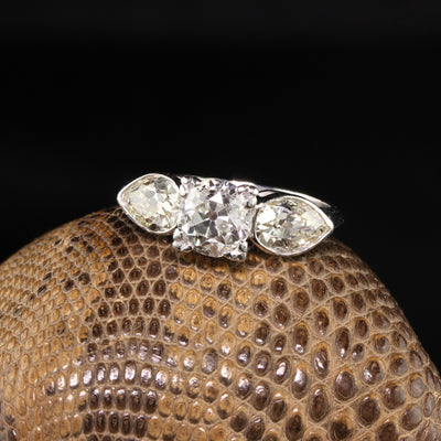 Antique Art Deco Platinum Old European Round and Old Pear Cut Diamond Engagement Ring