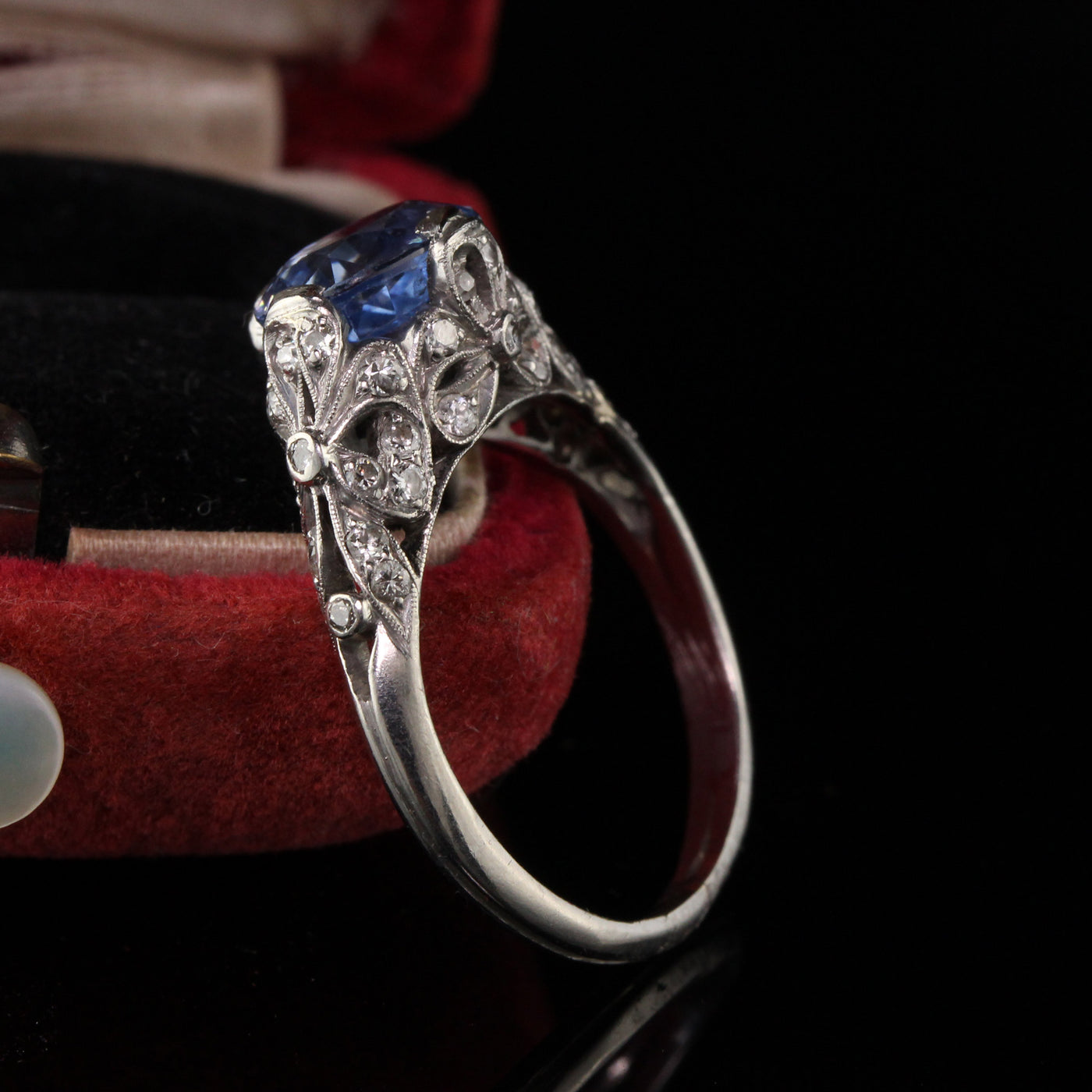 Antique Art Deco Platinum Diamond and Sapphire Engagement Ring - LAYAWAY 2 of 3