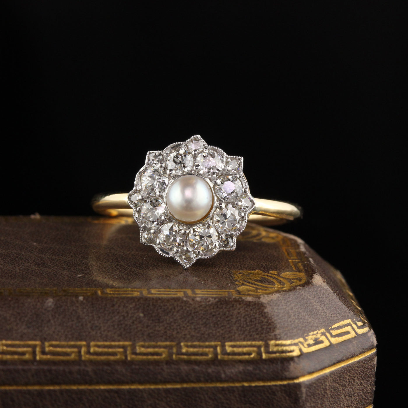 Antique Victorian 18K Yellow Gold Old Euro Cut Diamond and Pearl Engagement Ring