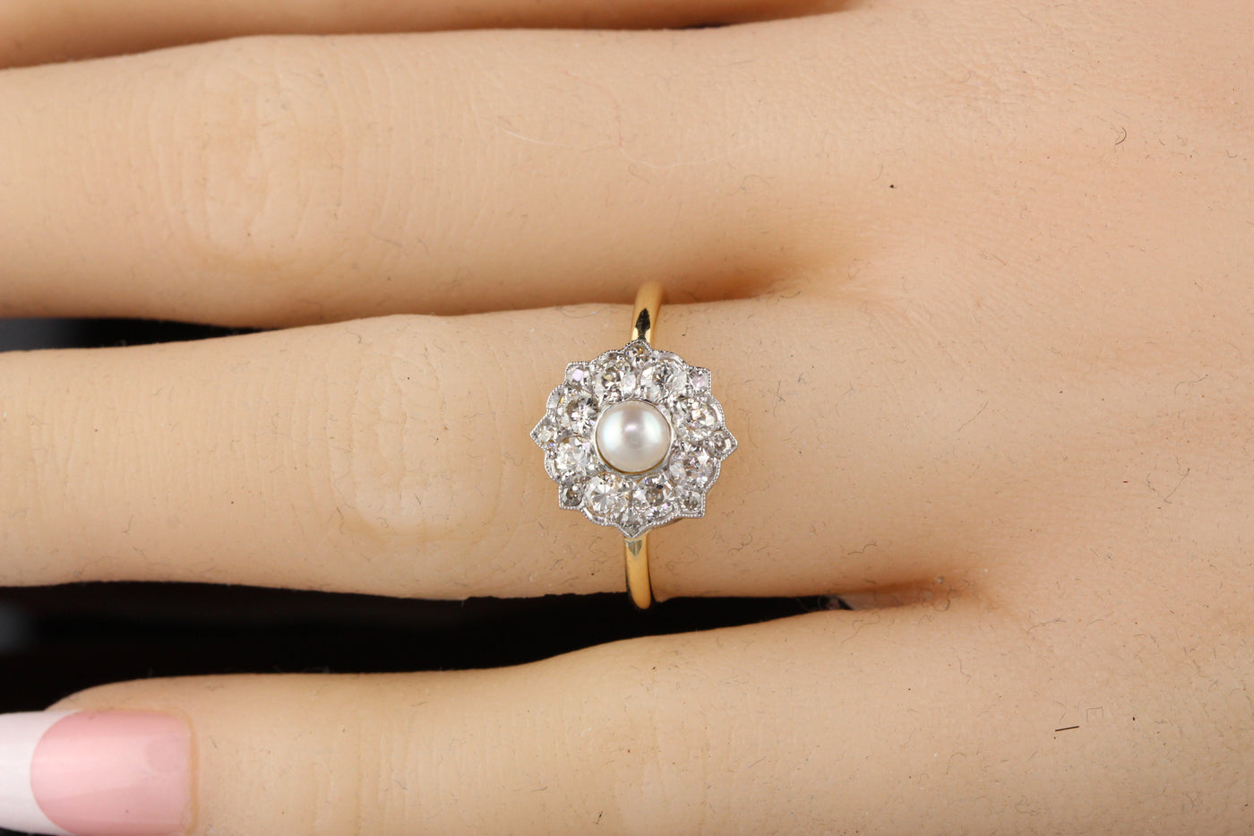 Antique Victorian 18K Yellow Gold Old Euro Cut Diamond and Pearl Engagement Ring