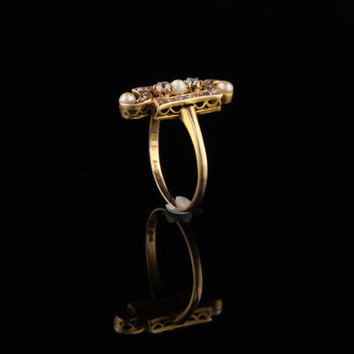 Antique Victorian 18K Yellow Gold Pearl and Rose Cut Diamond Ring