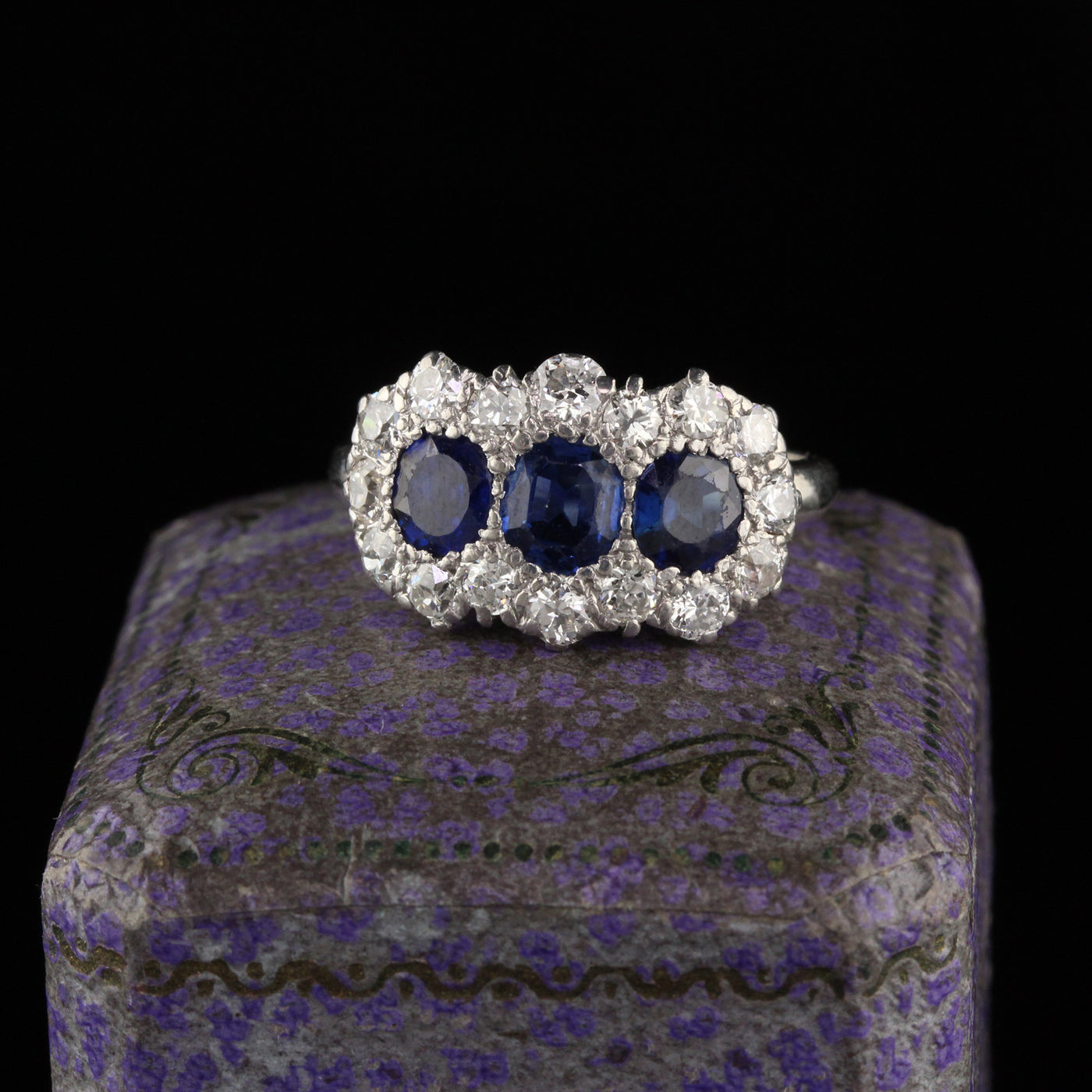 Antique Art Deco Platinum and 14K White Gold Sapphire and Diamond Ring