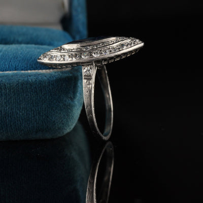 Antique Art Deco Platinum Old Euro Cut Diamond and Sapphire Navette Ring