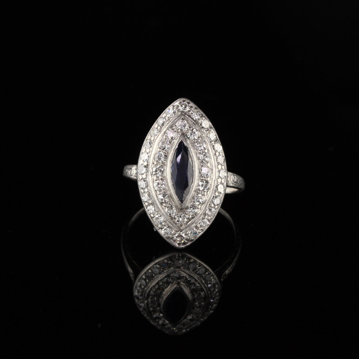 Antique Art Deco Platinum Old Euro Cut Diamond and Sapphire Navette Ring