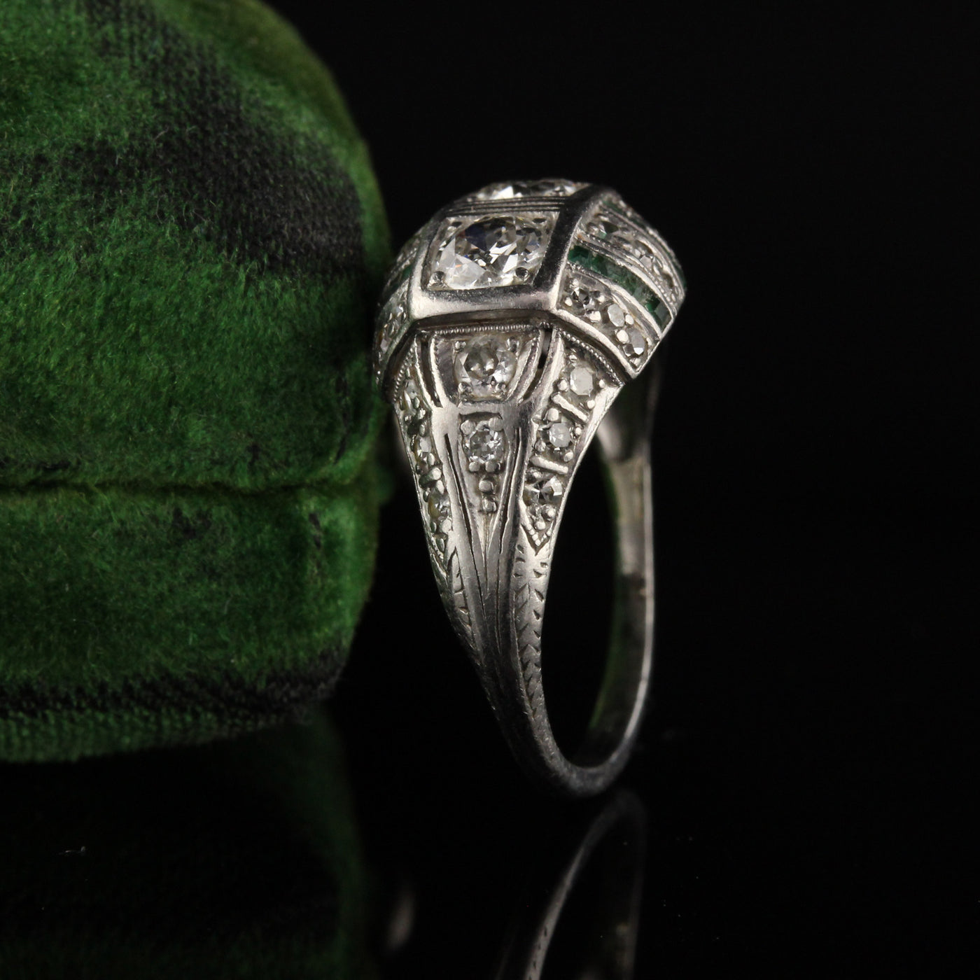 Antique Art Deco Platinum Old Euro Cut Diamond and Emerald Engagement Ring