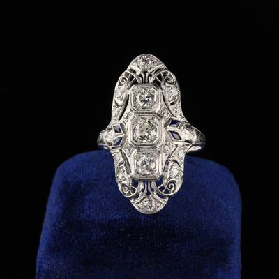Antique Art Deco Platinum Old Euro Cut Diamond and Sapphire Shield Ring