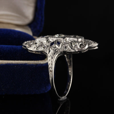 Antique Art Deco Platinum Old Euro Cut Diamond and Sapphire Shield Ring