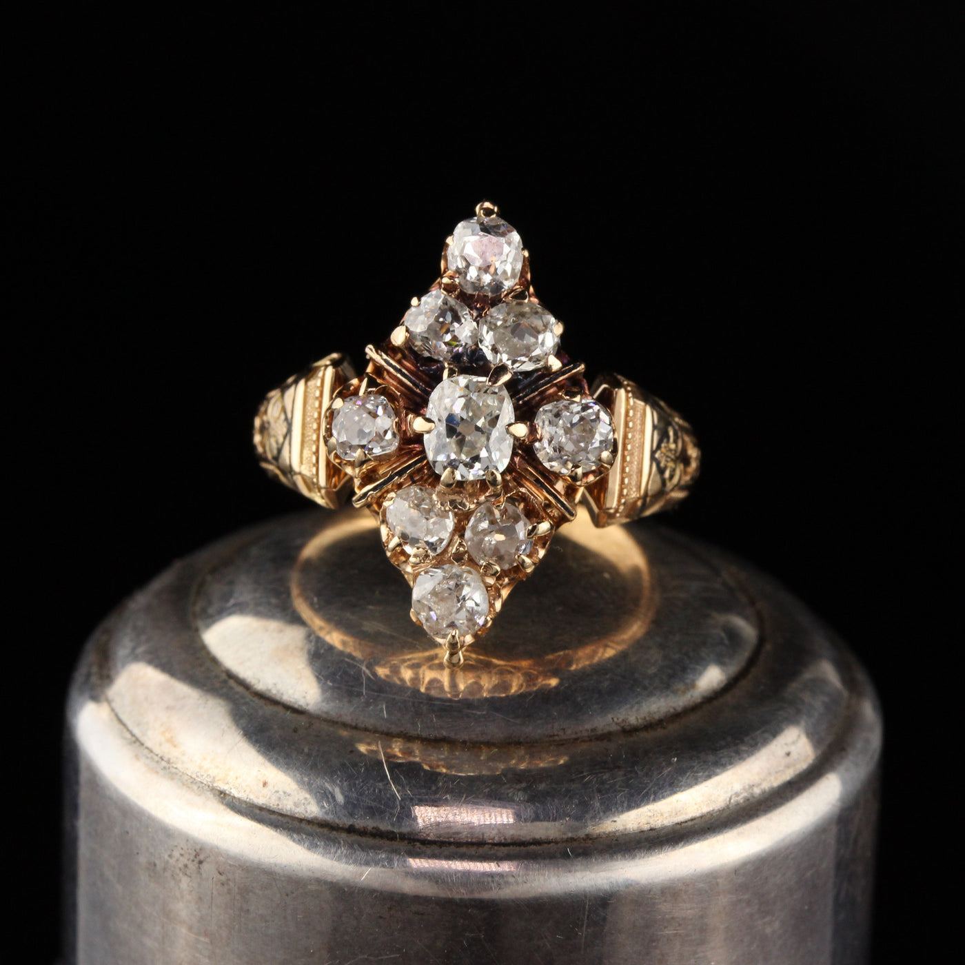 Antique Victorian 18K Yellow Gold Old Mine Cut Diamond Shield Ring