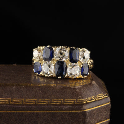 Antique Victorian 18K Yellow Gold Old Mine Cut Diamond and Sapphire Ring