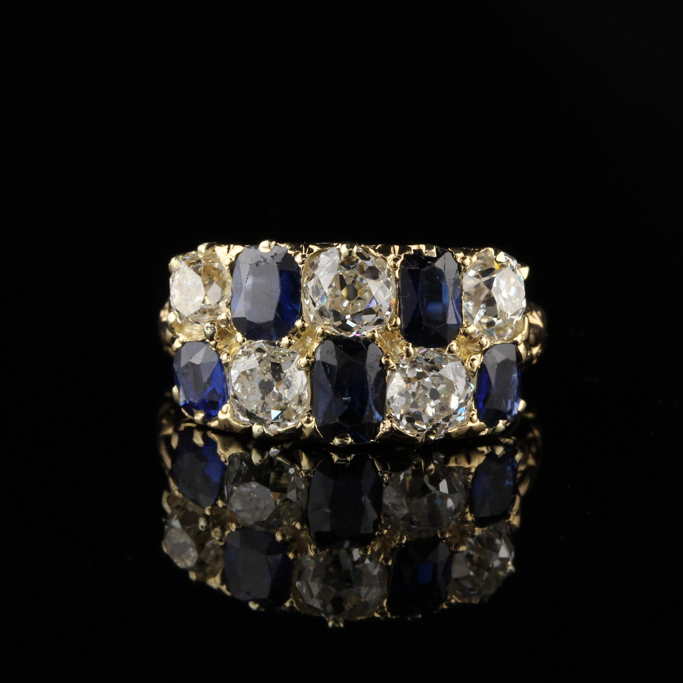Antique Victorian 18K Yellow Gold Old Mine Cut Diamond and Sapphire Ring
