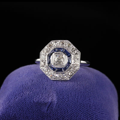 Antique Art Deco Platinum Old Euro Cut Diamond and Sapphire Engagement Ring