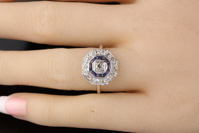 Antique Art Deco Platinum Old Euro Cut Diamond and Sapphire Engagement Ring