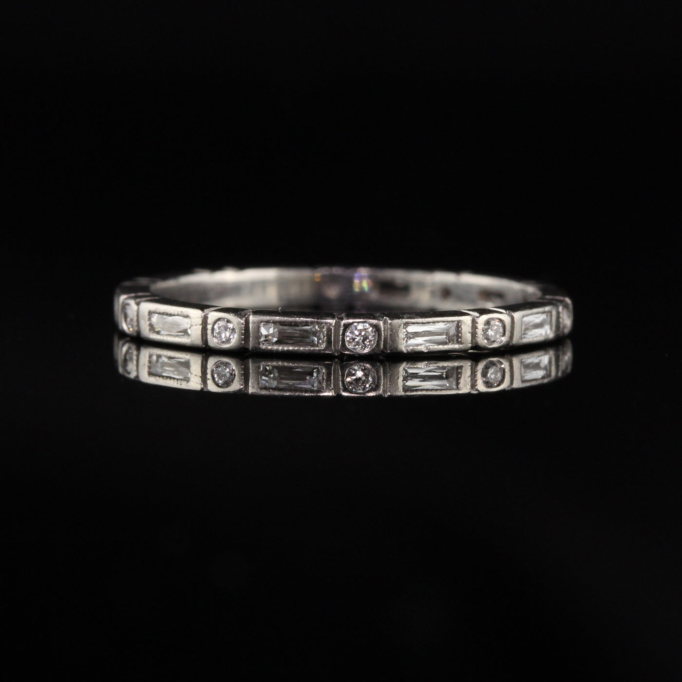 Antique Art Deco Platinum French Cut Baguette and Round Eternity Band - Size 4.25