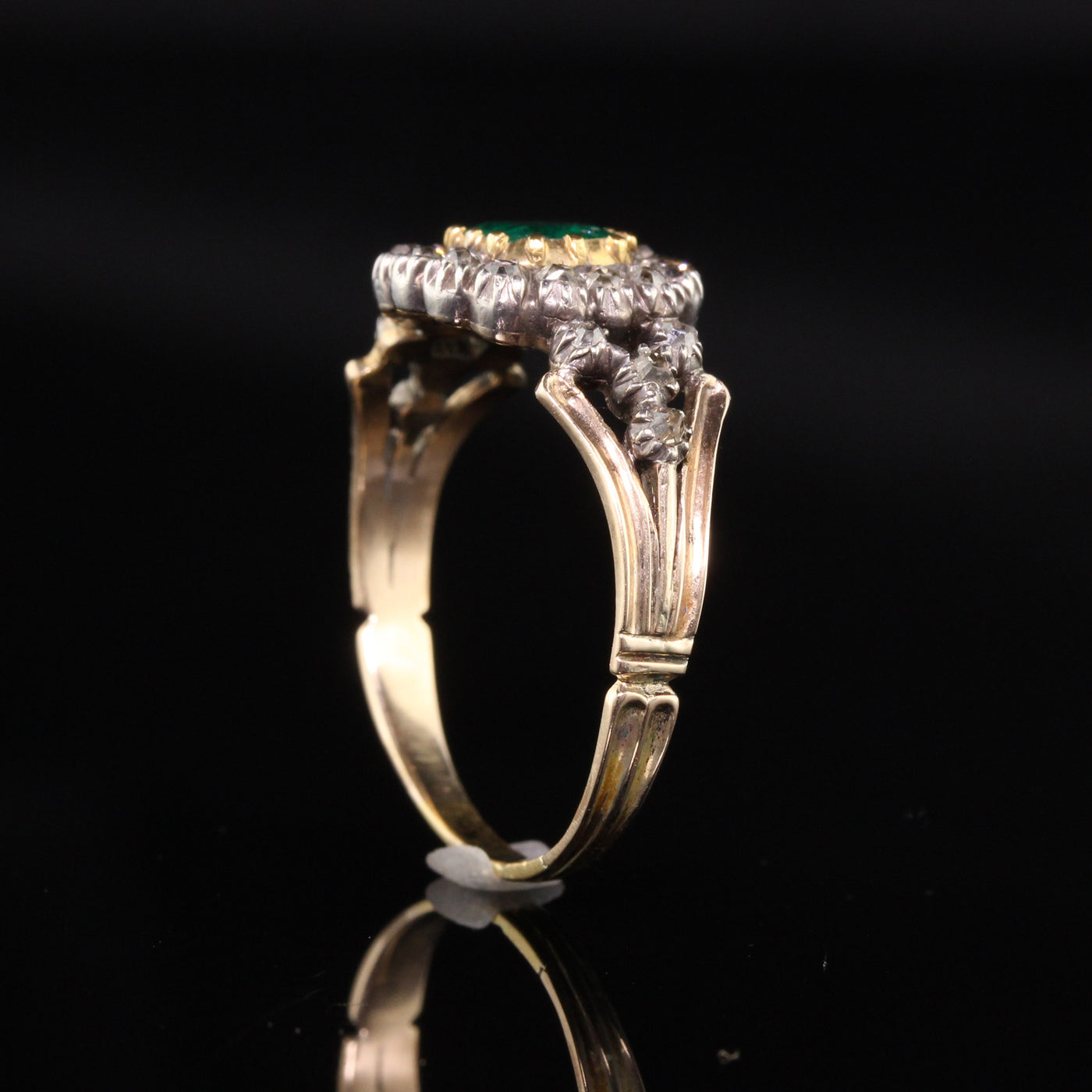 Antique Georgian 18K Yellow Gold and Silver Top Rose Cut Diamond and Emerald Engagement Ring