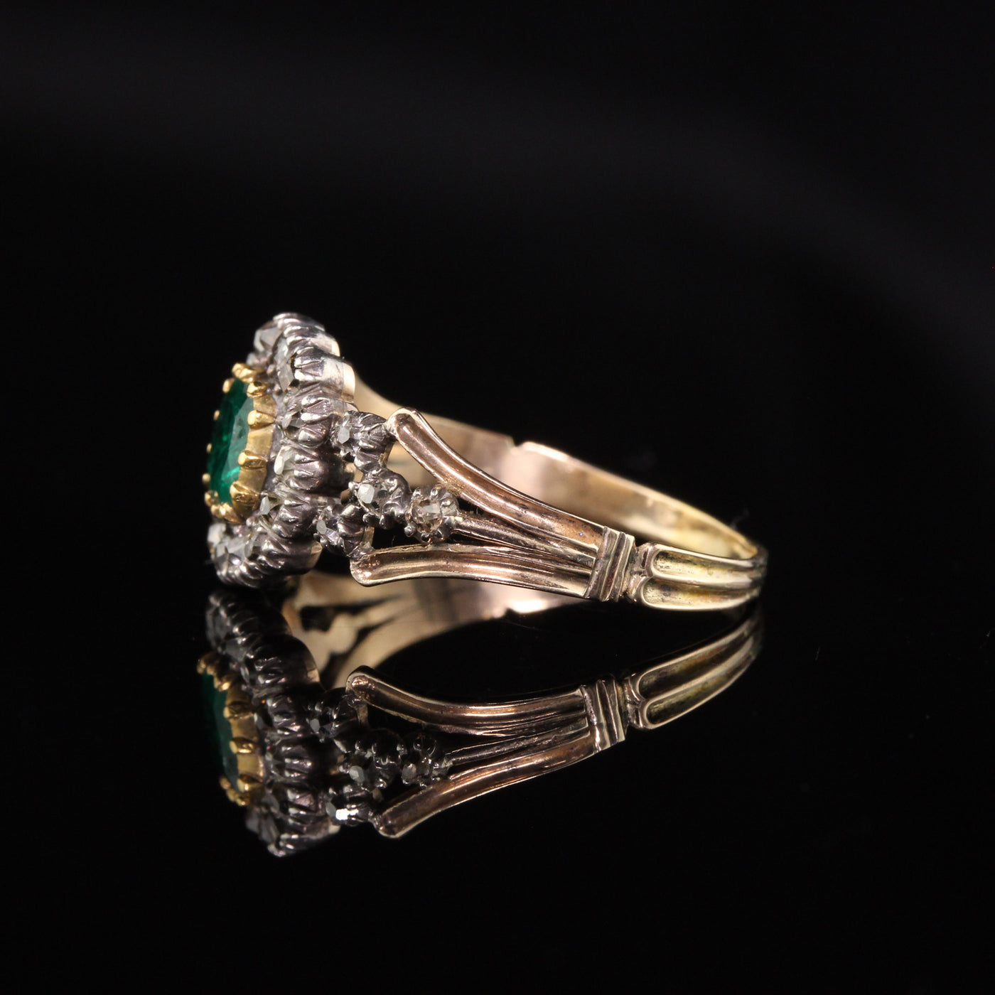 Antique Georgian 18K Yellow Gold and Silver Top Rose Cut Diamond and Emerald Engagement Ring