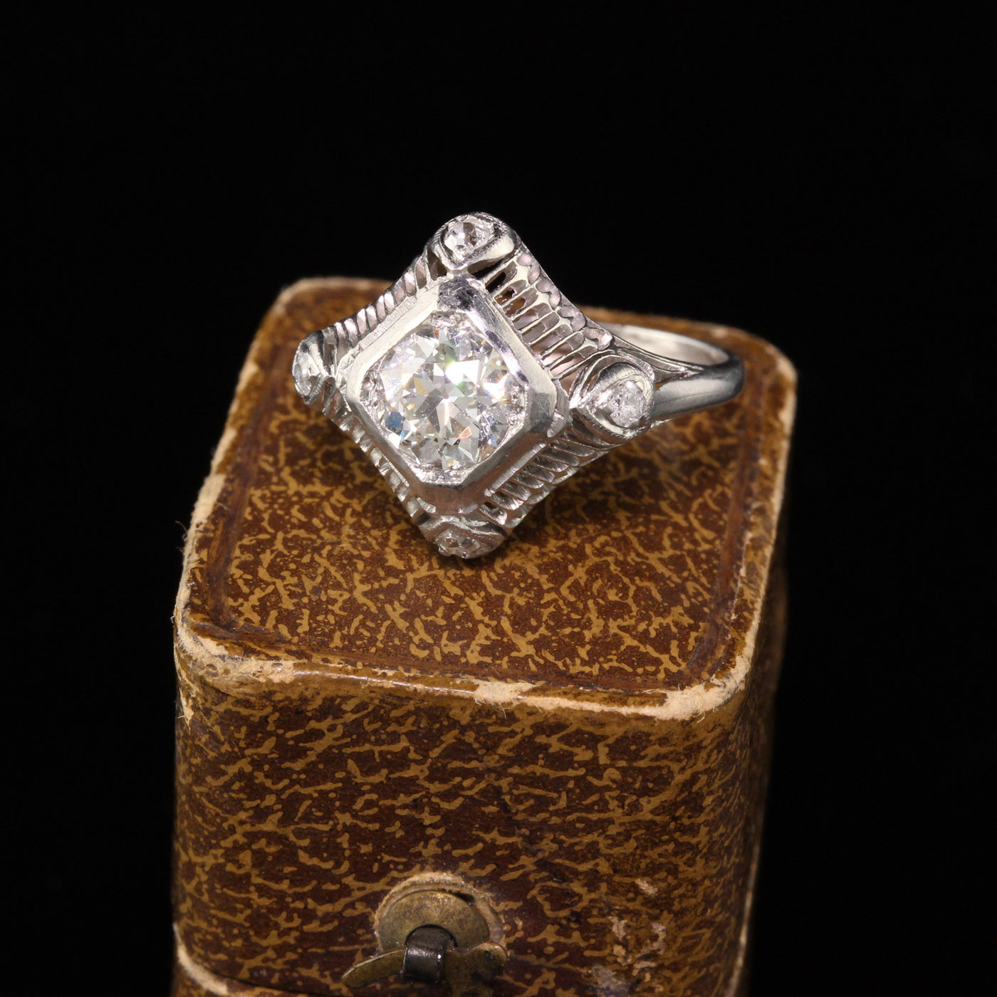 Antique Art Deco Platinum Old European Diamond Filigree Engagement Ring