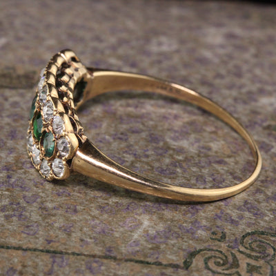 Antique Victorian Reiman 14K Yellow Gold Old Mine Cut Diamond and Emerald Cluster Ring