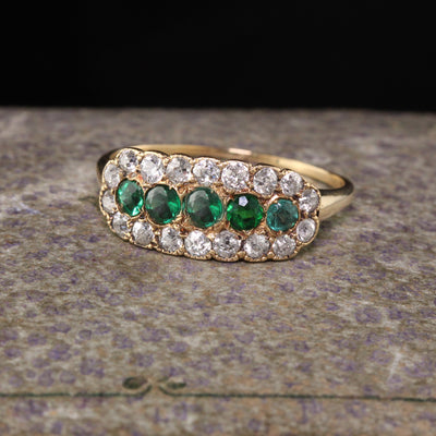 Antique Victorian Reiman 14K Yellow Gold Old Mine Cut Diamond and Emerald Cluster Ring