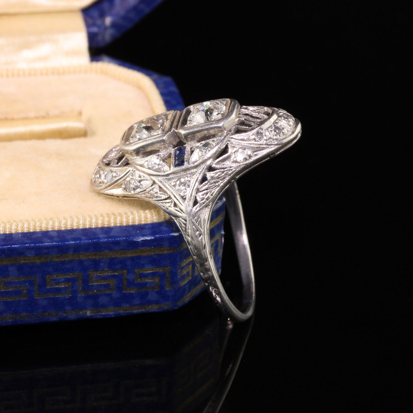 Antique Art Deco Platinum Diamond and Sapphire Filigree Shield Ring