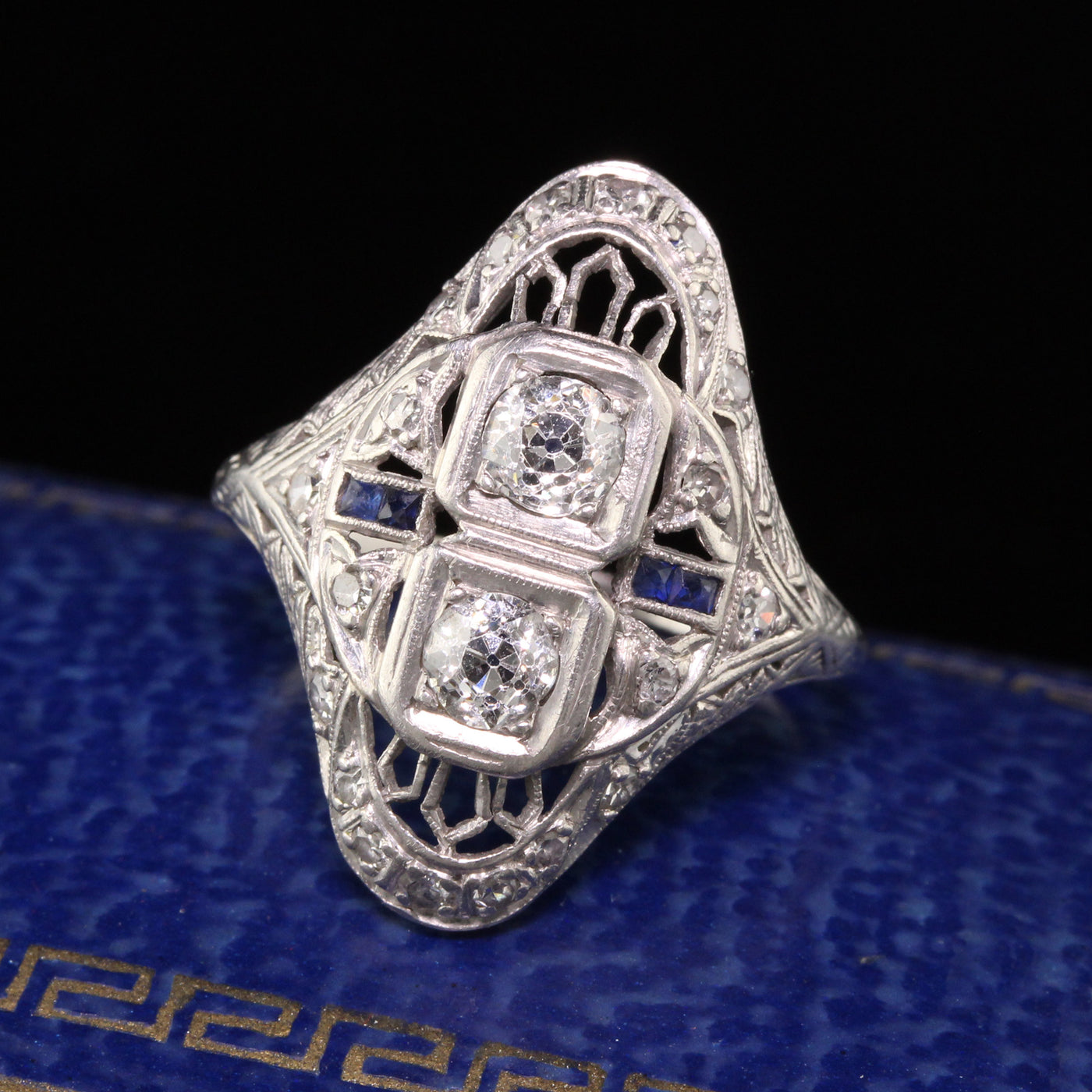 Antique Art Deco Platinum Diamond and Sapphire Filigree Shield Ring