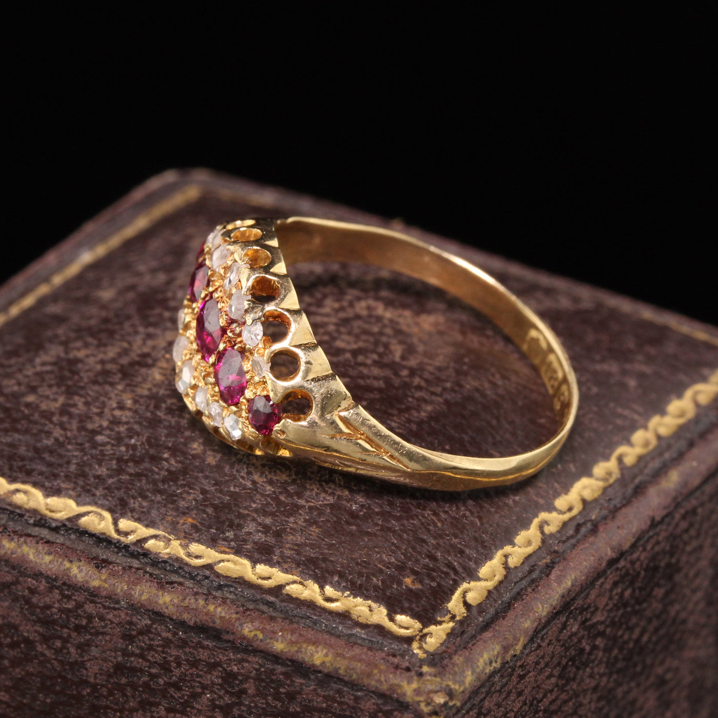 Antique Victorian English 18K Yellow Gold Ruby and Rose Cut Diamond Ring