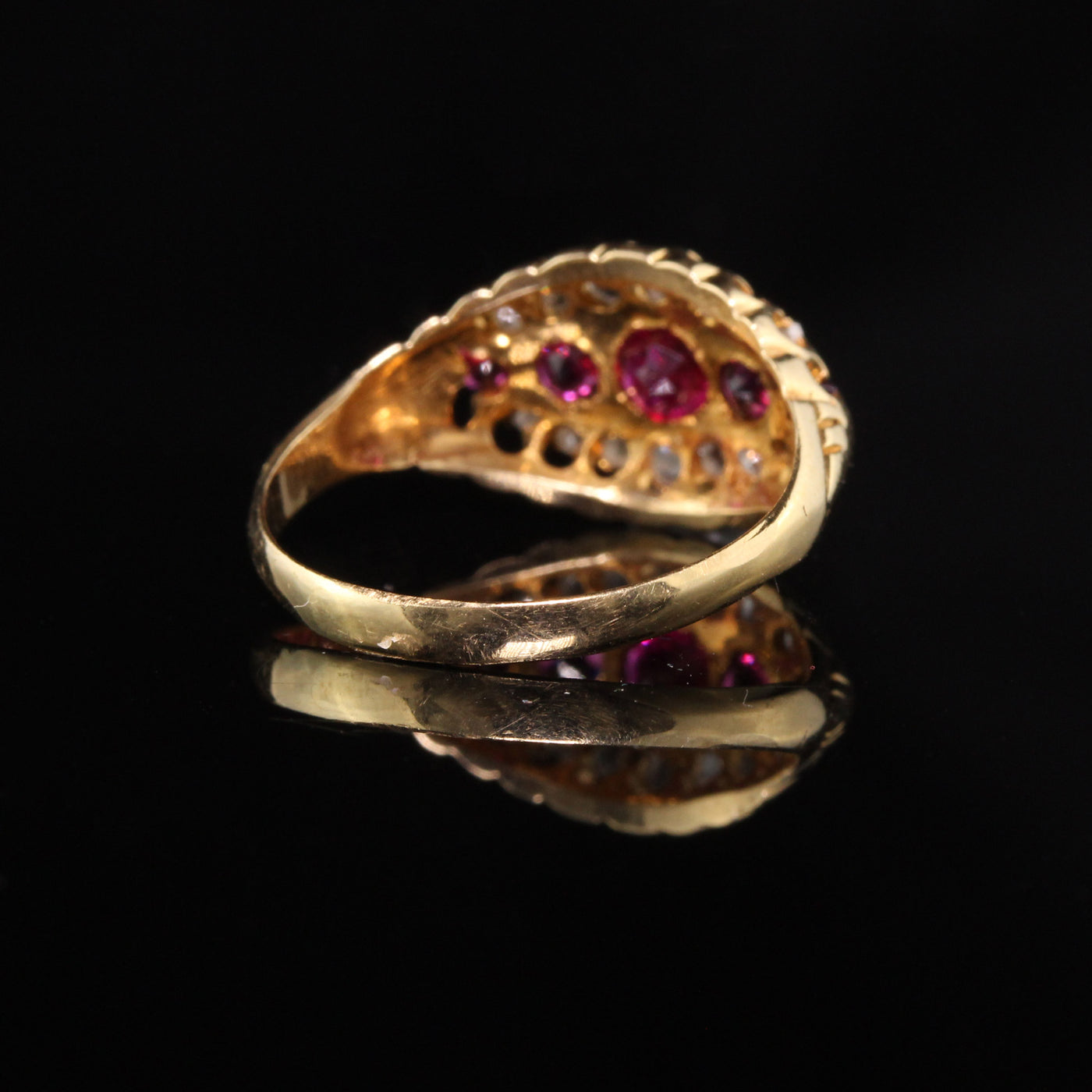 Antique Victorian English 18K Yellow Gold Ruby and Rose Cut Diamond Ring