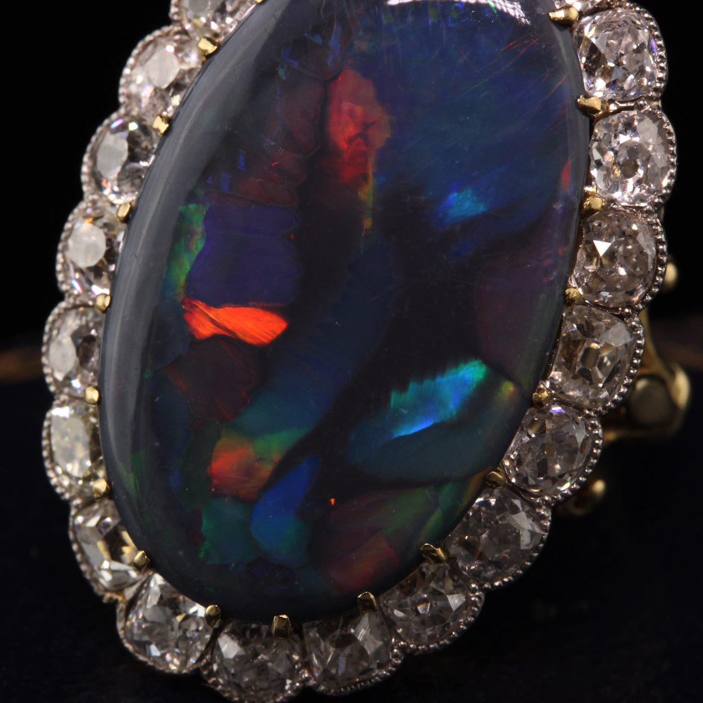Antique Victorian 18K Yellow Gold and Platinum Old Mine Cut Diamond Black Opal Ring