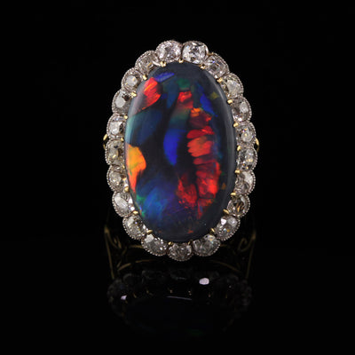 Antique Victorian 18K Yellow Gold and Platinum Old Mine Cut Diamond Black Opal Ring