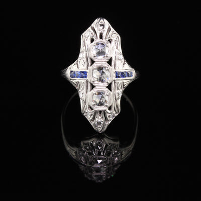 Antique Art Deco Platinum Rose Cut and Sapphire Shield Ring