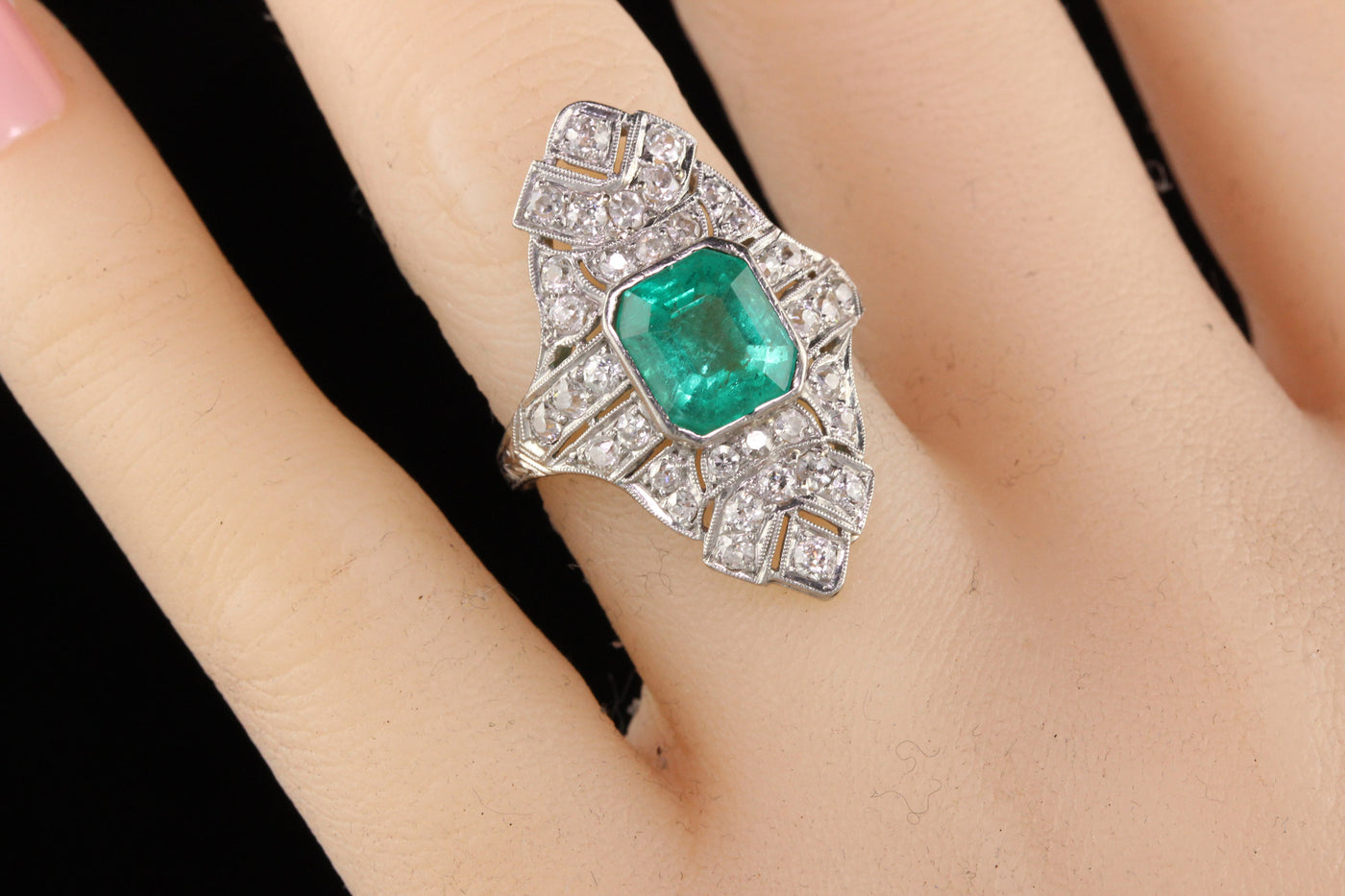 Antique Art Deco Platinum Diamond and Colombian Emerald Shield Ring