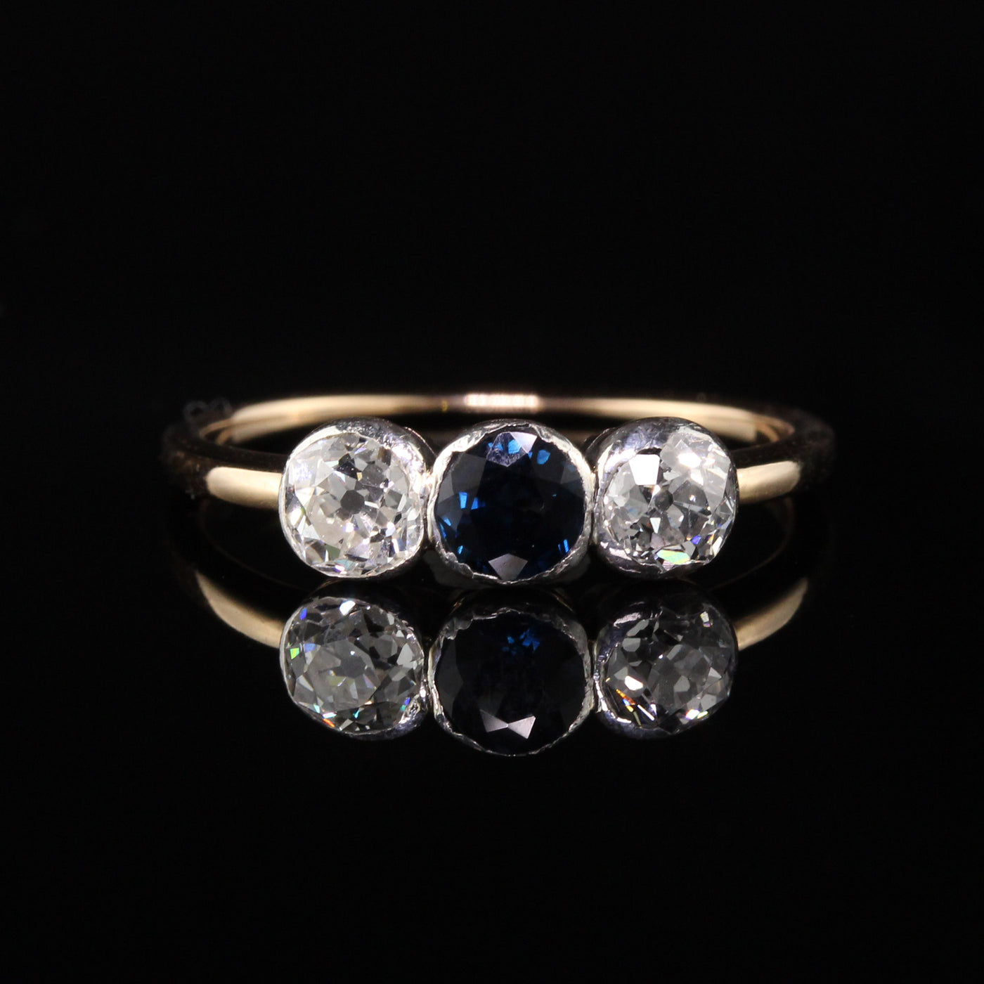 Antique Art Deco 14K Yellow Gold Old European Diamond Sapphire Three Stone Ring