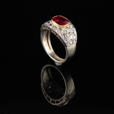 Antique Art Deco 18K White Gold Rose Cut Diamond and Ruby Ring
