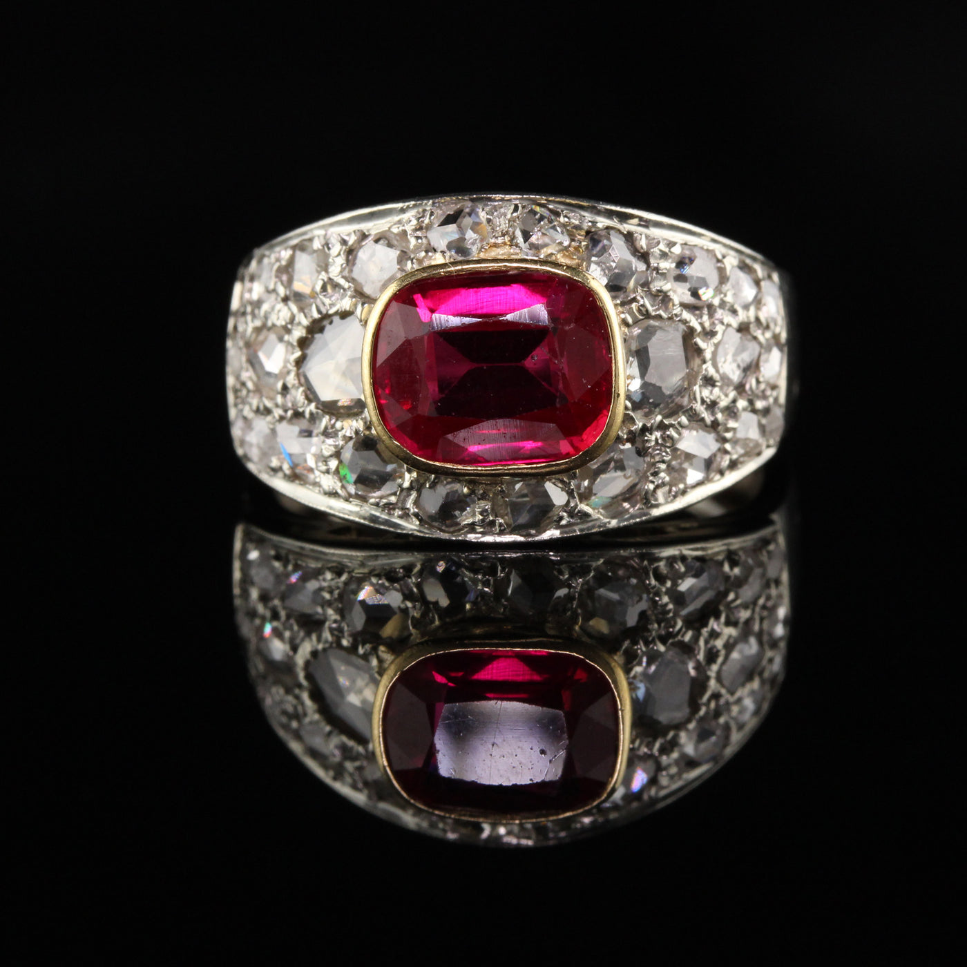 Antique Art Deco 18K White Gold Rose Cut Diamond and Ruby Ring
