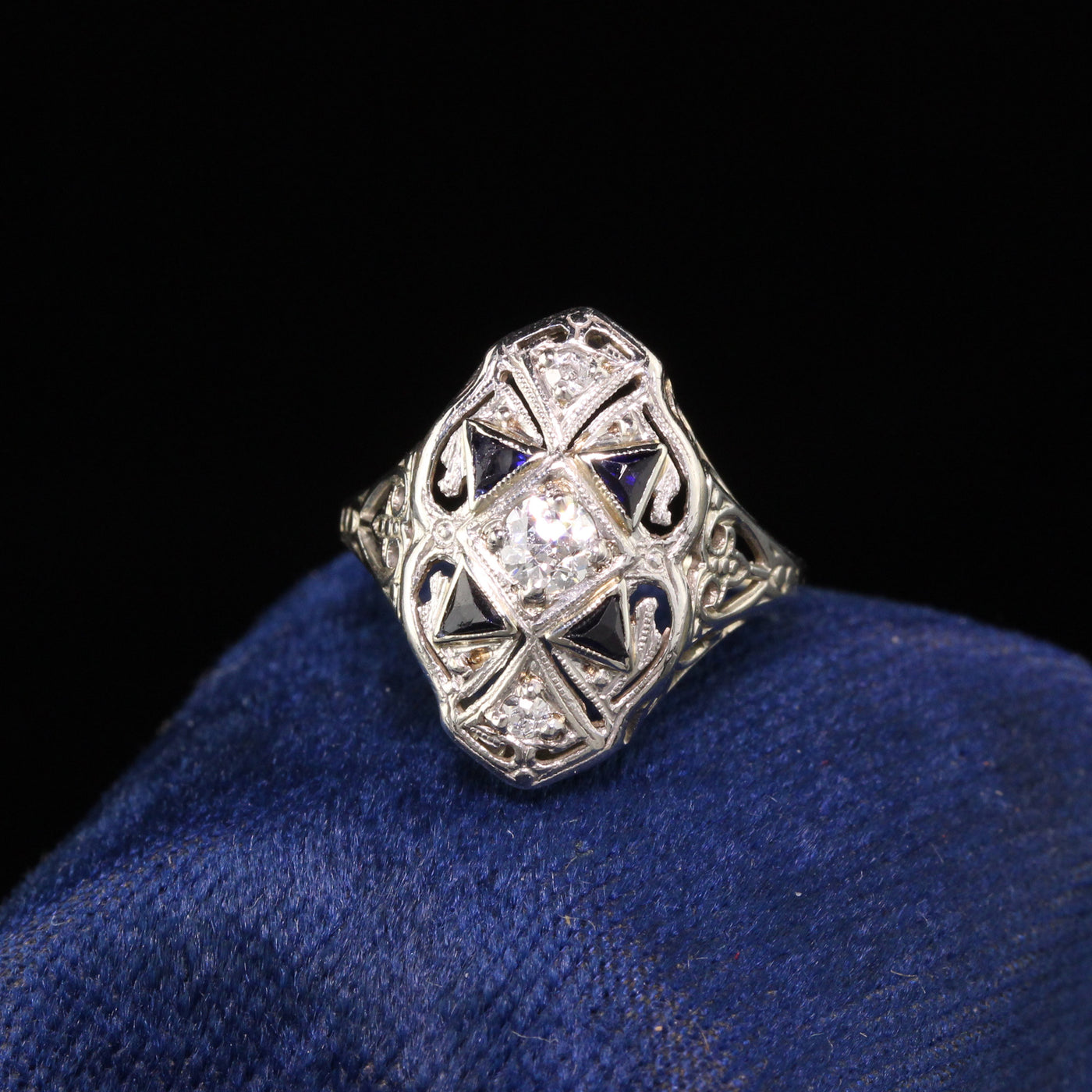 Antique Art Deco 18K White Gold Diamond and Sapphire Shield Ring