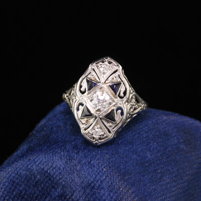 Antique Art Deco 18K White Gold Diamond and Sapphire Shield Ring