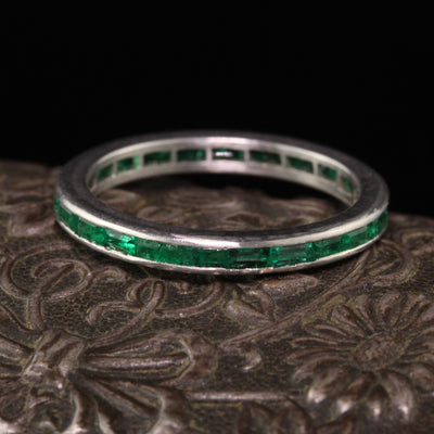 Antique Art Deco Platinum Emerald Eternity Wedding Band - Size 7 1/2