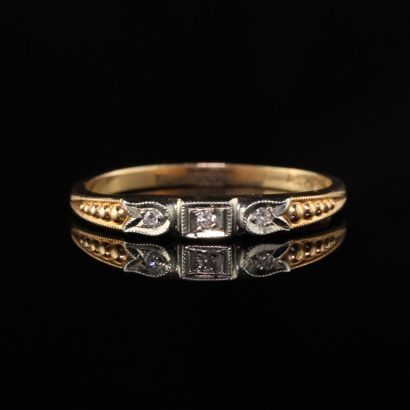 Antique Art Deco 14K Yellow Gold 3 Stone Diamond Wedding Band - Size 6 1/4