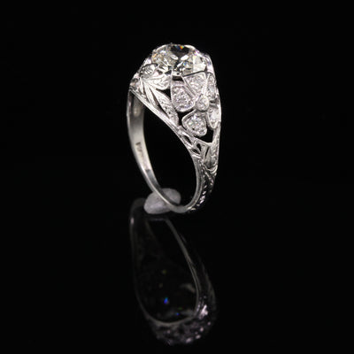 Antique Art Deco Platinum Old European Cut Diamond Floral Engagement Ring