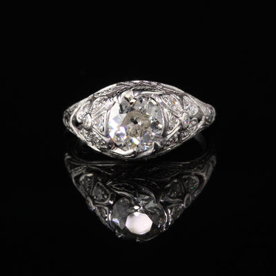 Antique Art Deco Platinum Old European Cut Diamond Floral Engagement Ring