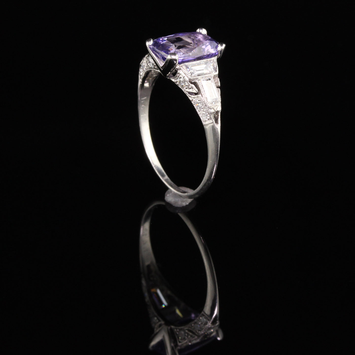 Antique Art Deco Platinum No Heat Purple Sapphire and Diamond Engagement Ring - GIA