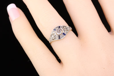 Antique Art Deco 14K Yellow Gold Platinum Diamond and Sapphire Engagement Ring
