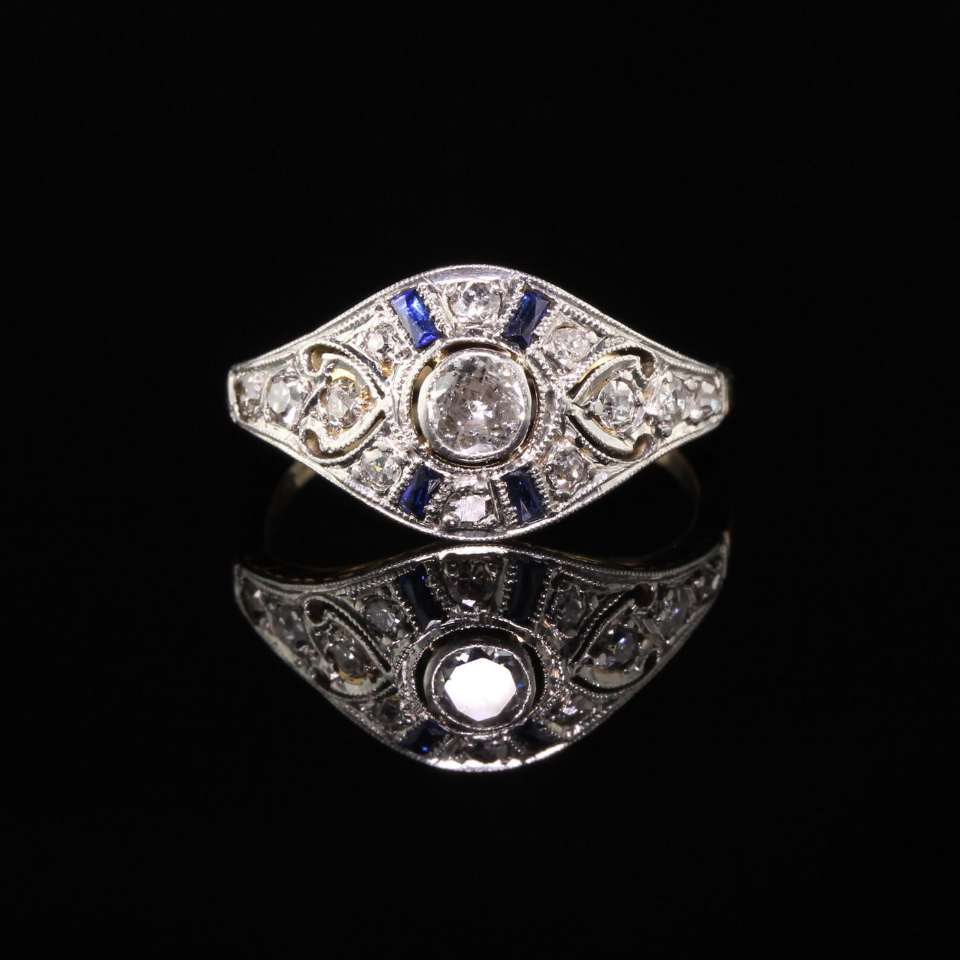 Antique Art Deco 14K Yellow Gold Platinum Diamond and Sapphire Engagement Ring