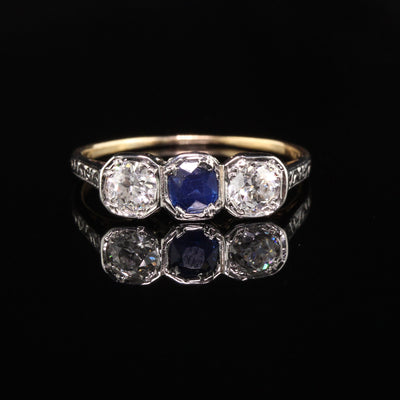 Antique Art Deco 18K Yellow Gold Platinum Diamond Sapphire Three Stone Ring