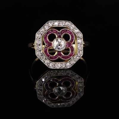 Antique Art Deco 18K Yellow Gold Diamond and Ruby Engagement Ring