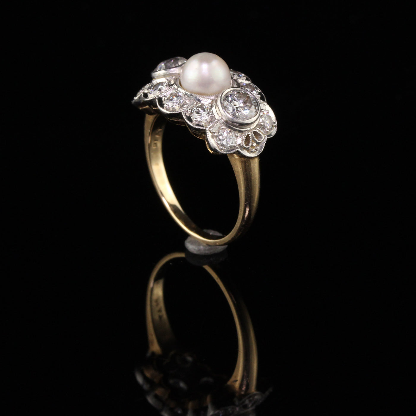 Antique Edwardian 14K Yellow Gold Platinum Three Stone Pearl Diamond Ring