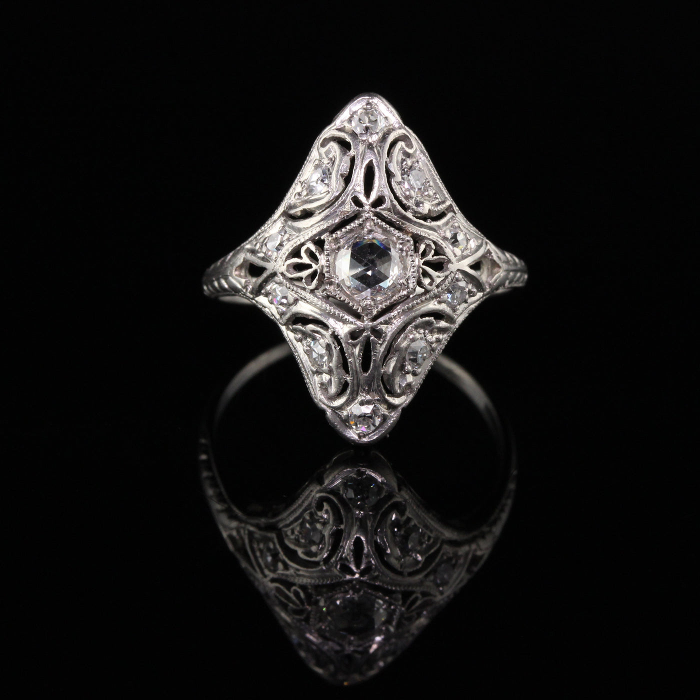 Antique Art Deco Platinum Rose Cut Diamond Shield Engagement Ring