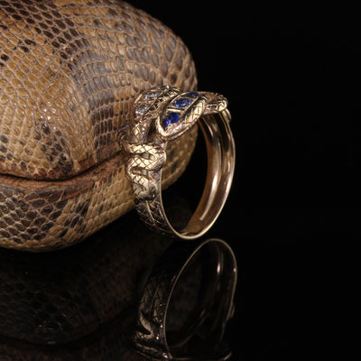 Antique Victorian 14K Yellow Gold Diamond and Sapphire Double Snake Ring