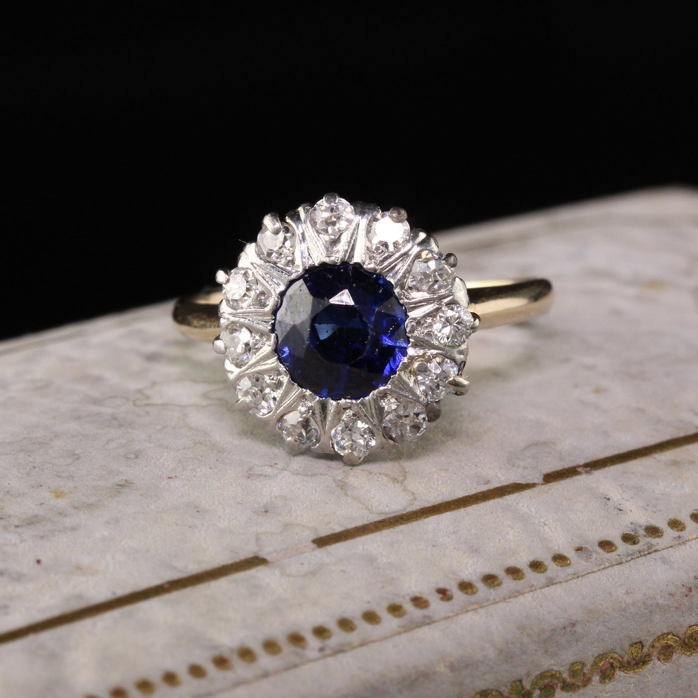 Antique Victorian 14K Yellow Gold Old Mine Cut Diamond Sapphire Engagement Ring